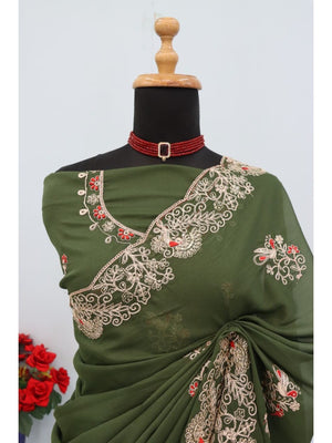 Classic Mehendi Green Floral Design Georgette Saree Featuring Fine Cording Embroidery & Sequins Work - Image 2