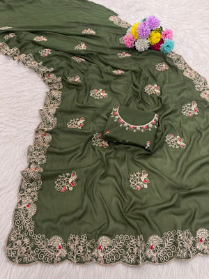 Classic Mehendi Green Floral Design Georgette Saree Featuring Fine Cording Embroidery & Sequins Work - Image 2