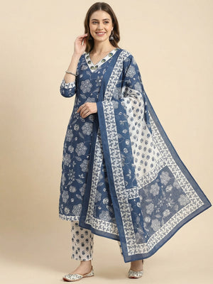 Festive Style Blue Floral Printed Cotton Salwar Suit with Coordinated Dupatta - Image 1