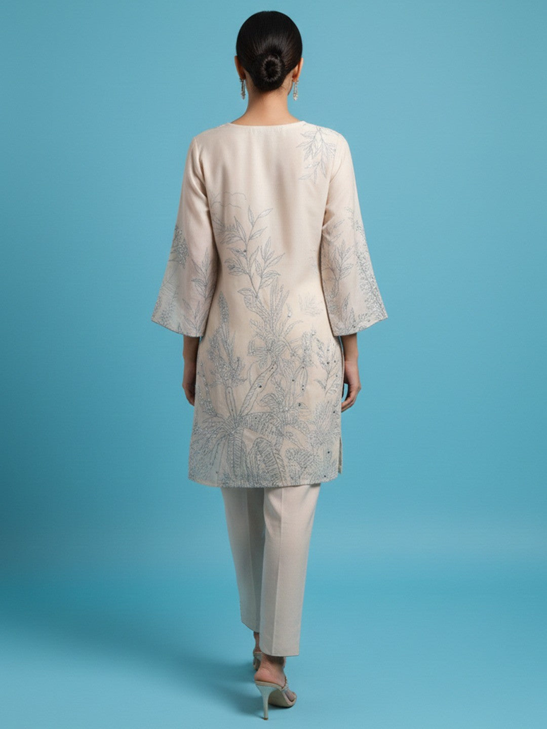 Party Wear Offwhite Floral Printed Cotton Blend Two Piece Set with Elegant Sequin Work - Image 3