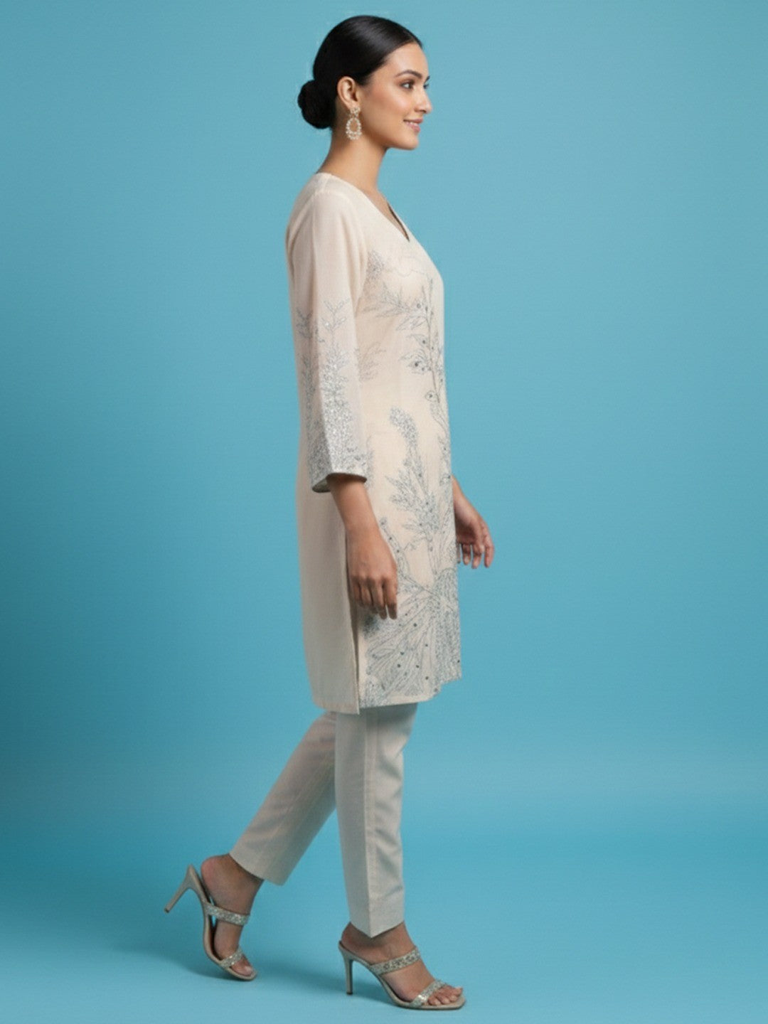 Party Wear Offwhite Floral Printed Cotton Blend Two Piece Set with Elegant Sequin Work - Image 2