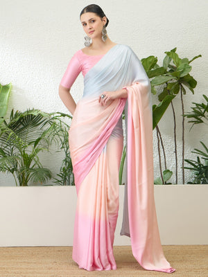 Elegant Multicolor Ombre Satin Saree With Luxurious Smooth Shaded Finish - Image 1