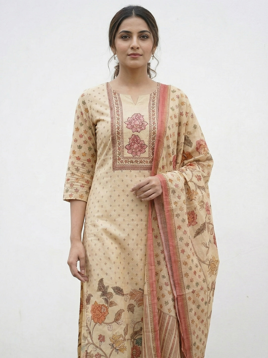 Comfortable Peach Pure Cotton Straight Fit Printed Salwar Suit Set for Everyday Ethnic Styling - Image 4