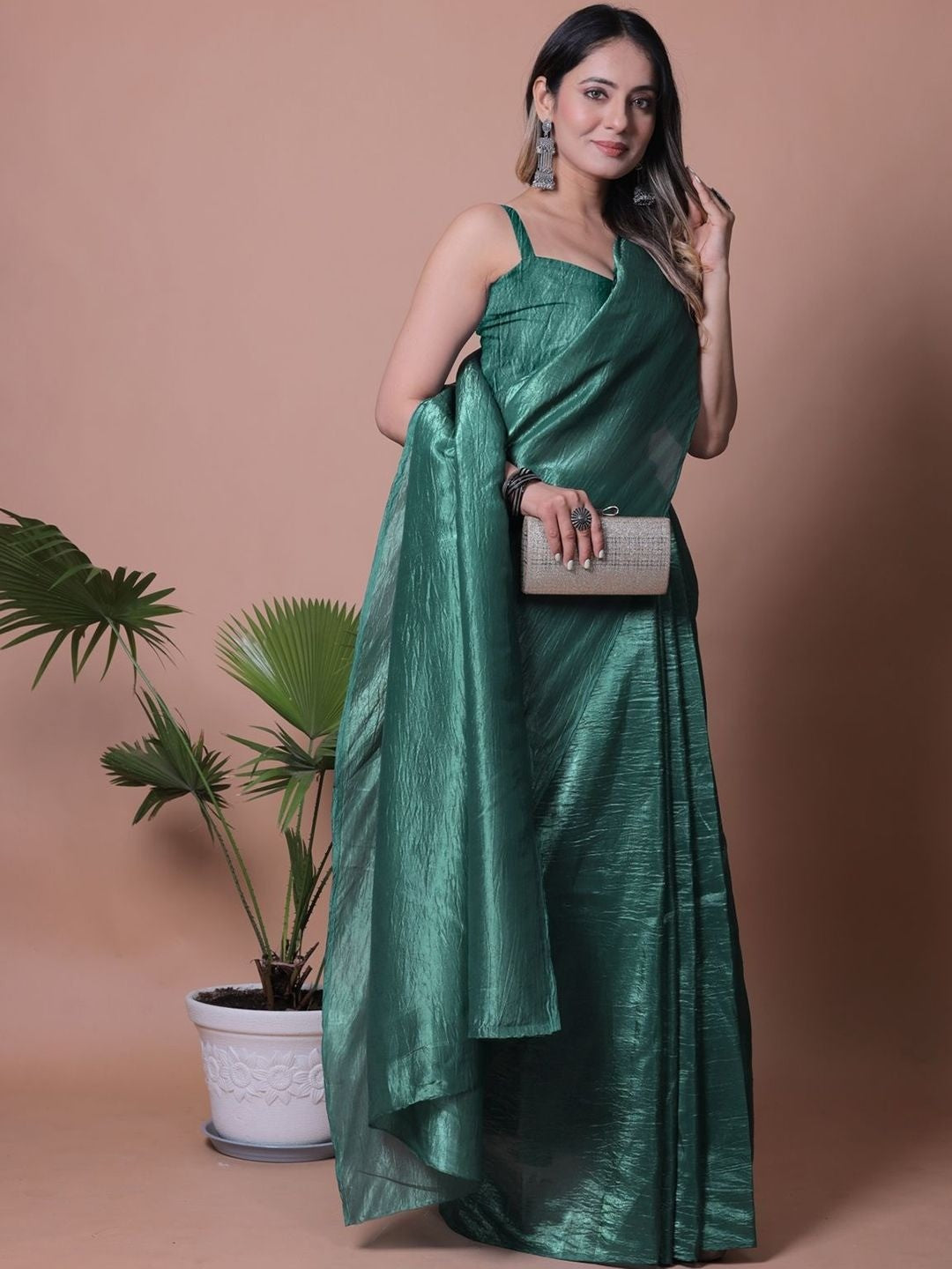 Emerald Green Solid Chiffon Saree Perfect for Parties & Festive Occasions - Image 1