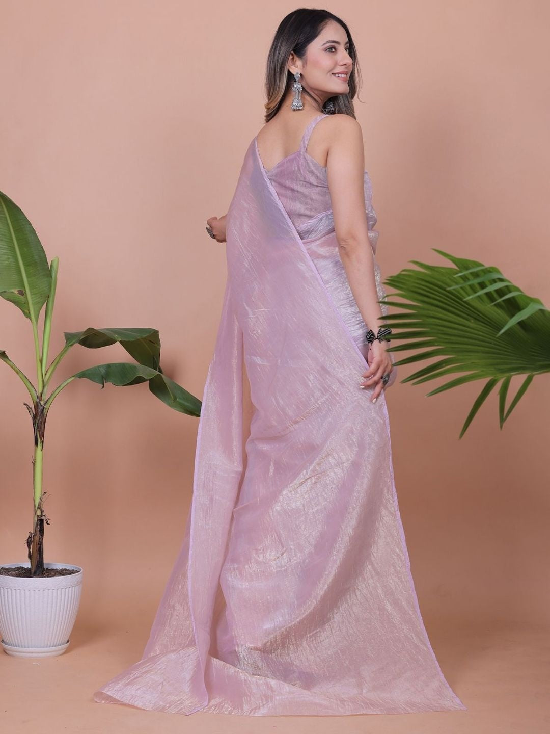 Blush Pink Solid Chiffon Saree Perfect for Parties & Festive Occasions - Image 3