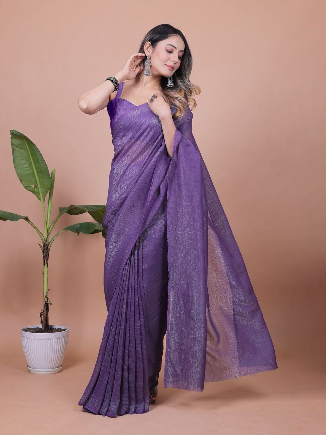 Royal Purple Solid Chiffon Saree Perfect for Parties & Festive Occasions - Image 4