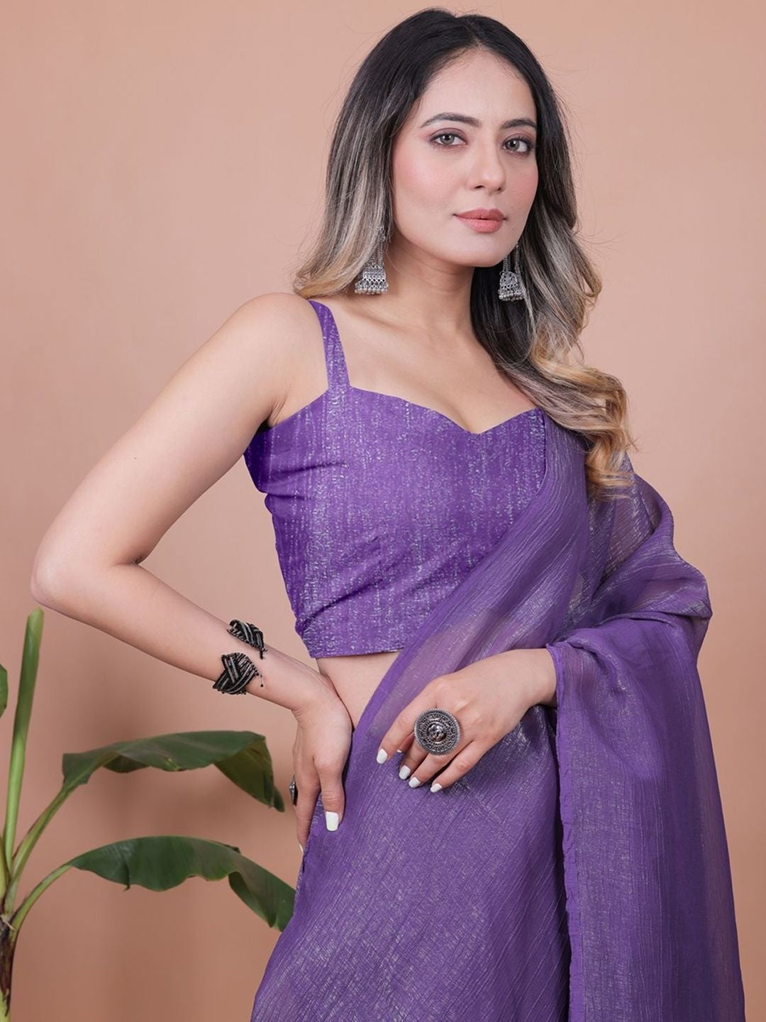 Royal Purple Solid Chiffon Saree Perfect for Parties & Festive Occasions - Image 2