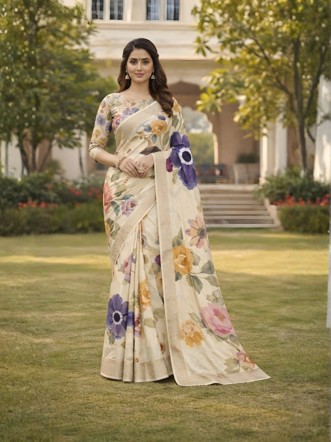 Charming Cream Floral Digital Printed Tussar Dola Silk Saree Enhanced With Luxurious Zari Border - Image 1