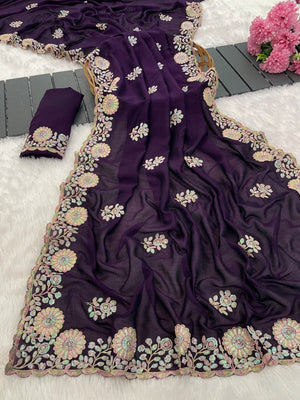 Luxurious Purple Floral Vichitra Silk Saree Embellished With Thread Embroidery & Sequins Work - Image 2