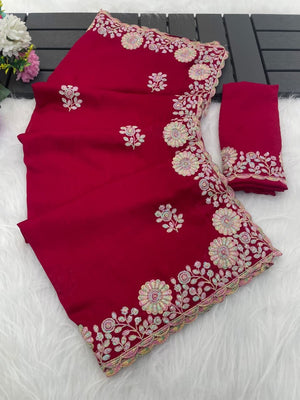 Luxurious Pink Floral Vichitra Silk Saree Embellished With Thread Embroidery & Sequins Work - Image 2