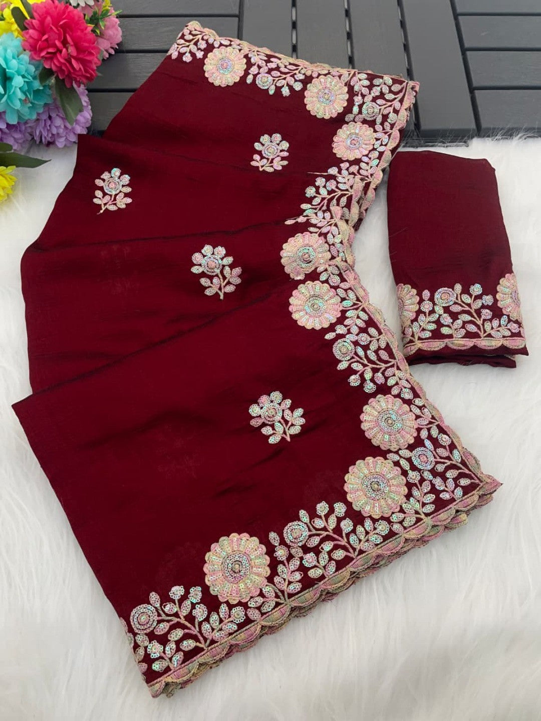 Luxurious Maroon Floral Vichitra Silk Saree Embellished With Thread Embroidery & Sequins Work - Image 6