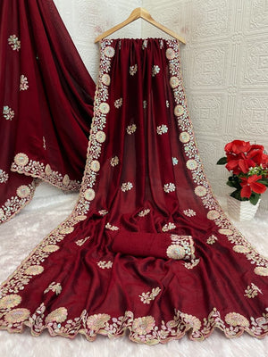 Luxurious Maroon Floral Vichitra Silk Saree Embellished With Thread Embroidery & Sequins Work - Image 2