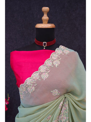 Charming Green Floral Silk Blend Saree Enhanced With Thread Embroidery & Subtle Sequins Work - Image 2