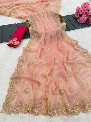 Charming Peach Floral Silk Blend Saree Enhanced With Thread Embroidery & Subtle Sequins Work - Image 2