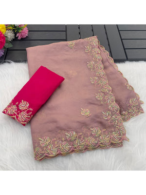 Charming Light Lavender Floral Silk Blend Saree Enhanced With Thread Embroidery & Subtle Sequin Work - Image 2