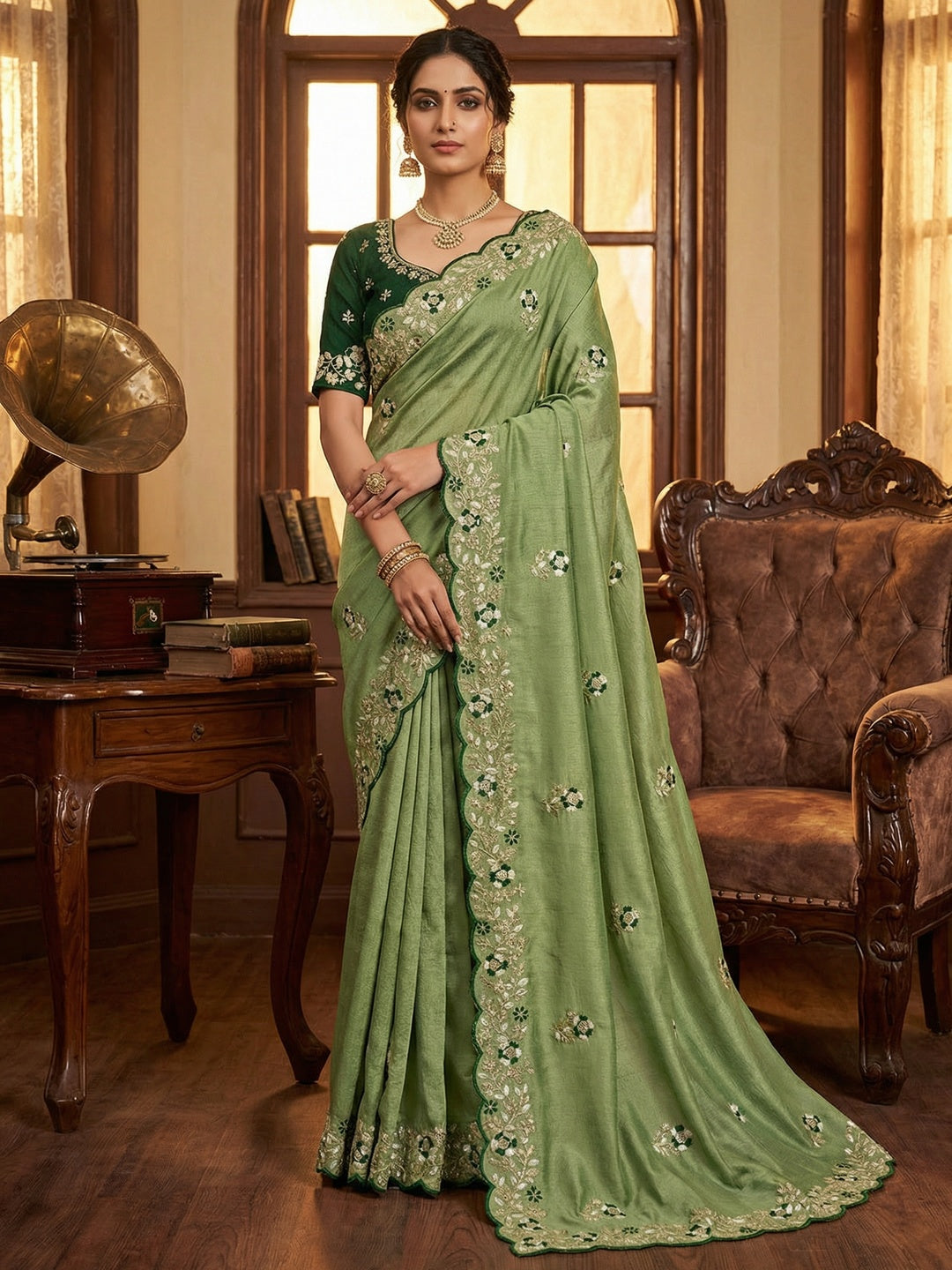 Designer Green Vichitra Silk Saree with Artistic Embroidered Border for Timeless Ethnic Elegance - Image 1