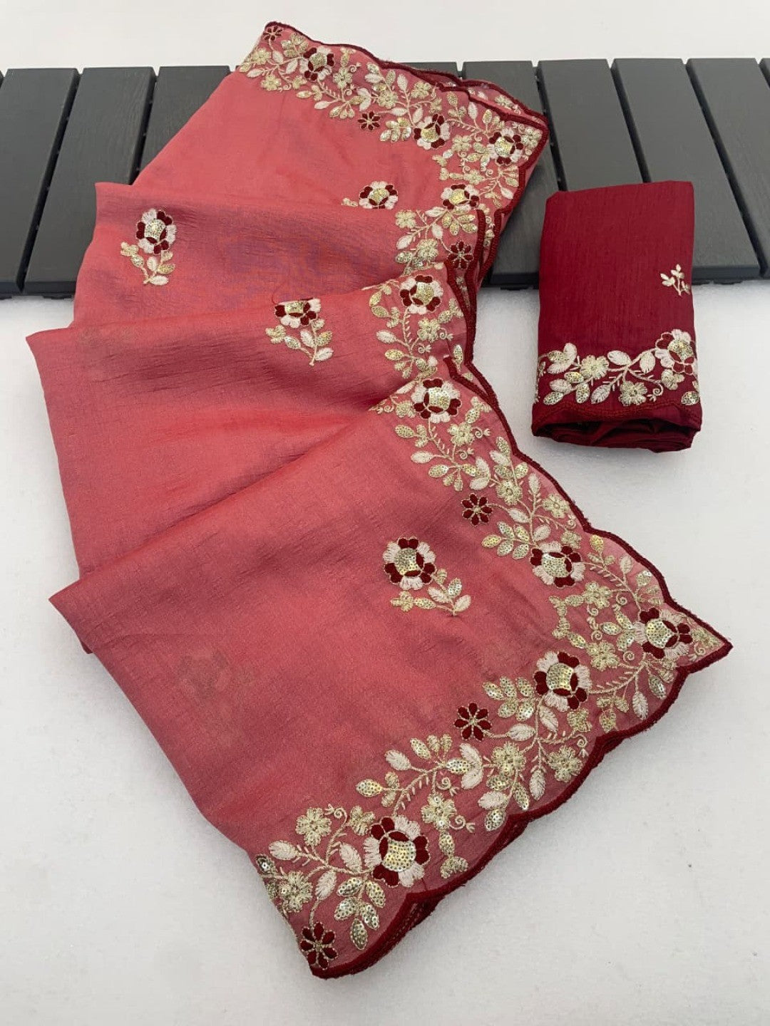 Designer Peach Vichitra Silk Saree with Artistic Embroidered Border for Timeless Ethnic Elegance - Image 5