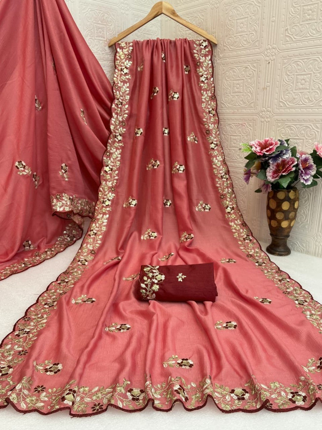 Designer Peach Vichitra Silk Saree with Artistic Embroidered Border for Timeless Ethnic Elegance - Image 4