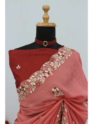 Designer Peach Vichitra Silk Saree with Artistic Embroidered Border for Timeless Ethnic Elegance - Image 2