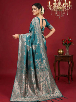 Luxurious Rama Blue Floral Weaving Banarasi Silk Saree with Heritage Zari Detailing & Tassel Pallu - Image 2