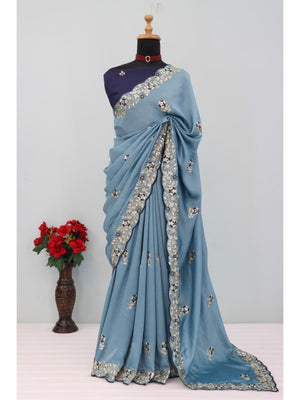 Designer Sky Blue Vichitra Silk Saree with Artistic Embroidered Border for Timeless Ethnic Elegance - Image 2
