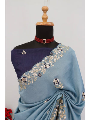 Designer Sky Blue Vichitra Silk Saree with Artistic Embroidered Border for Timeless Ethnic Elegance - Image 2