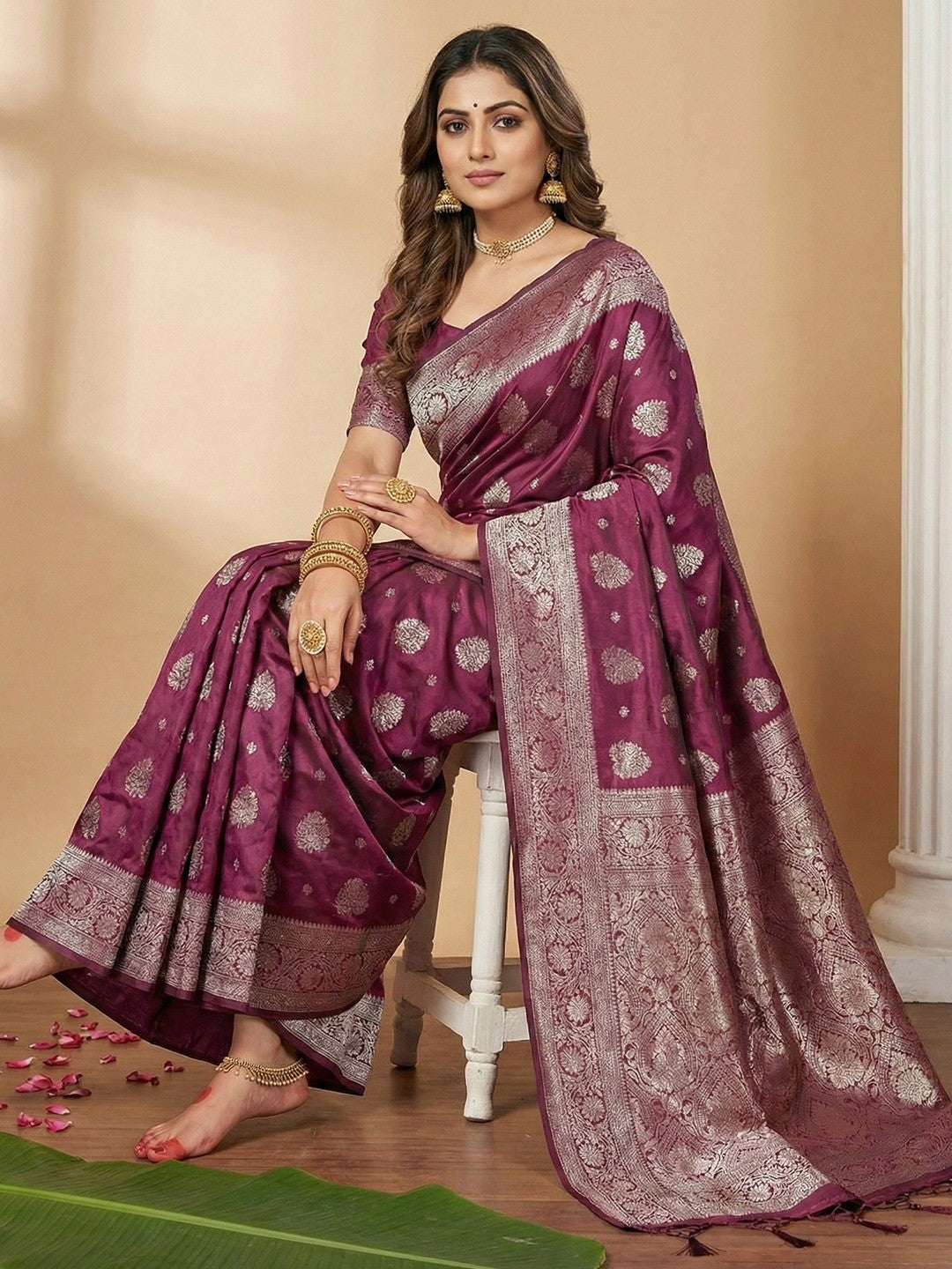 Classic Wine Floral Woven Banarasi Silk Saree Enhanced With Heritage Zari Work & Tassels - Image 3