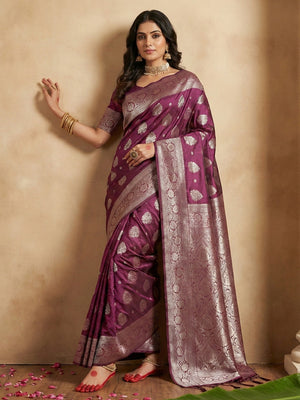 Classic Wine Floral Woven Banarasi Silk Saree Enhanced With Heritage Zari Work & Tassels - Image 1