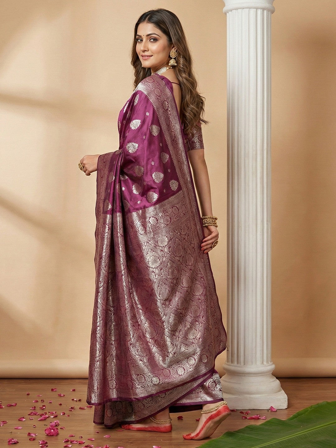Classic Wine Floral Woven Banarasi Silk Saree Enhanced With Heritage Zari Work & Tassels - Image 2