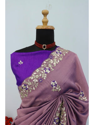 Designer Mauve Vichitra Silk Saree with Artistic Embroidered Border for Timeless Ethnic Elegance - Image 2