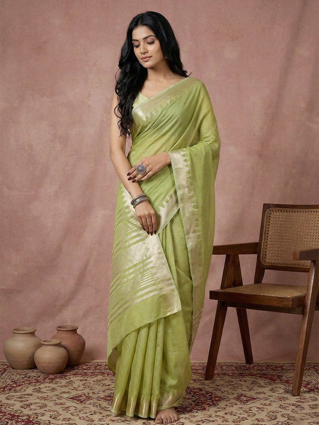 Delicate Green Stripe Pattern Woven Cotton Silk Saree With Subtle Artisan Weave - Image 1