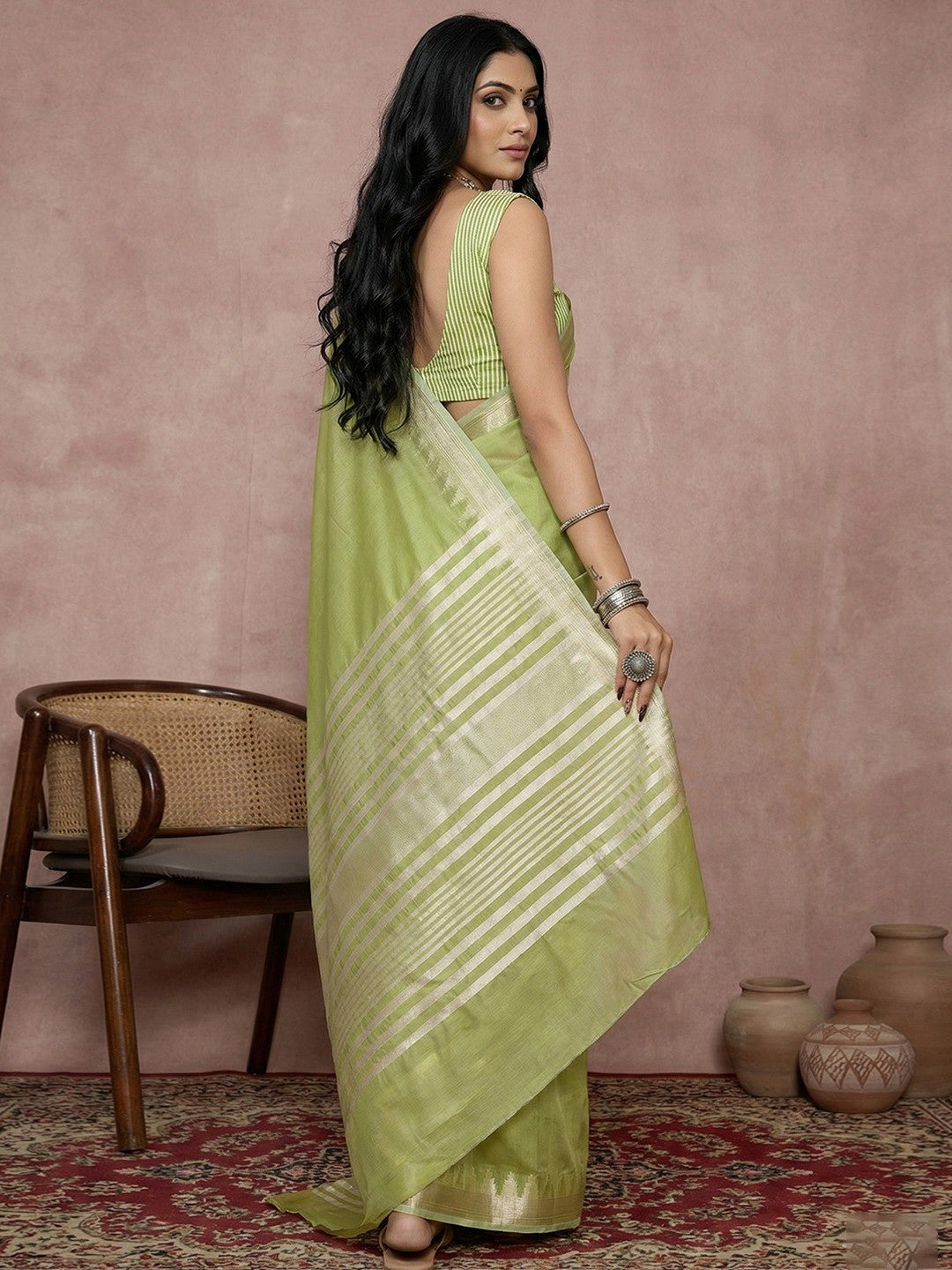 Delicate Green Stripe Pattern Woven Cotton Silk Saree With Subtle Artisan Weave - Image 2