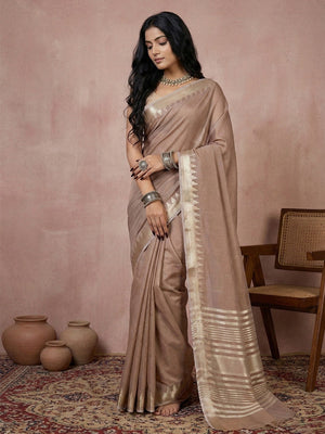 Delicate Beige Stripe Pattern Woven Cotton Silk Saree With Subtle Artisan Weave - Image 1