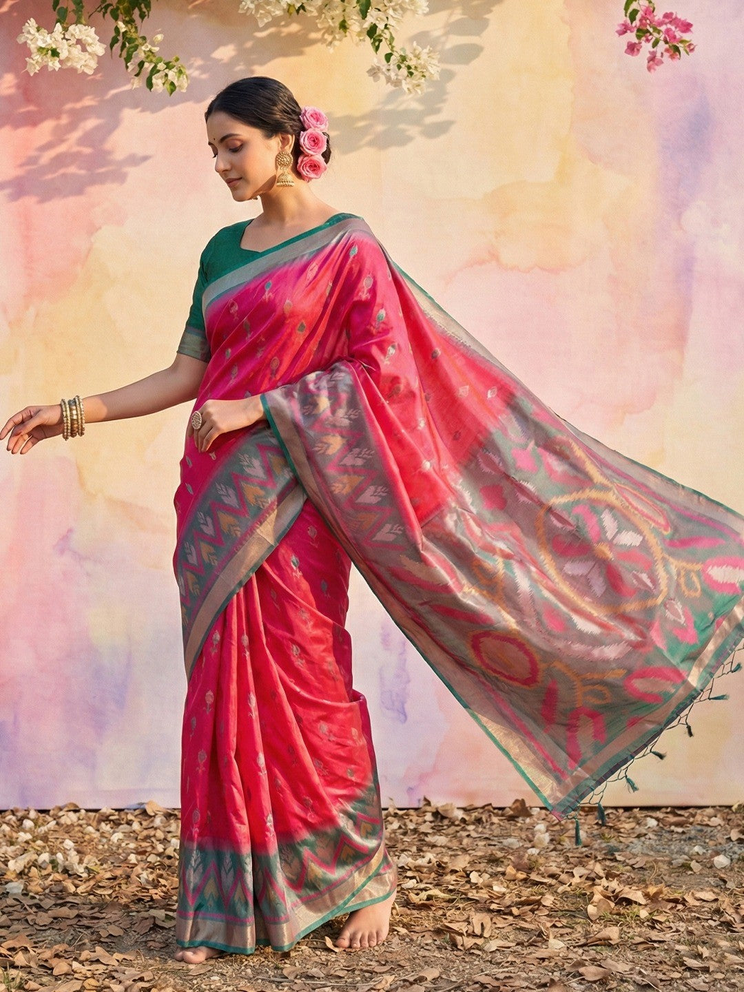 Elegant Pink Ikat Woven Silk Blend Saree Featuring A Traditional Motif Pallu With Tassel Accents - Image 4