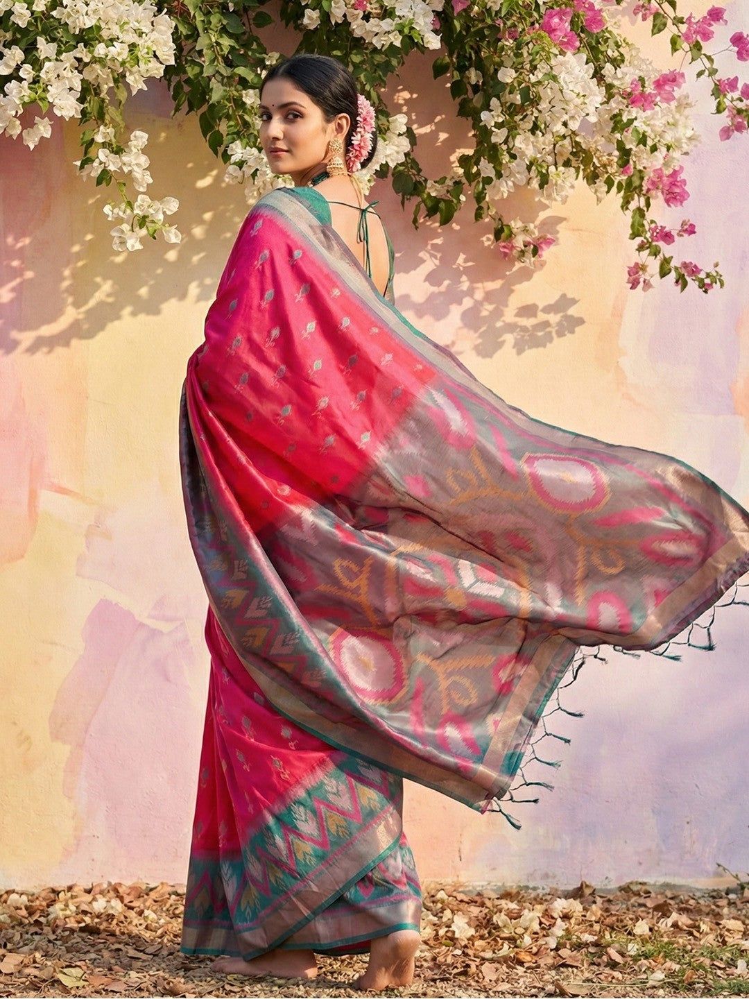 Elegant Pink Ikat Woven Silk Blend Saree Featuring A Traditional Motif Pallu With Tassel Accents - Image 3
