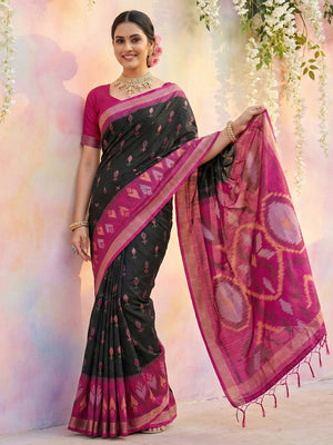 Elegant Black Ikat Woven Silk Blend Saree Featuring A Traditional Motif Pallu With Tassel Accents - Image 1