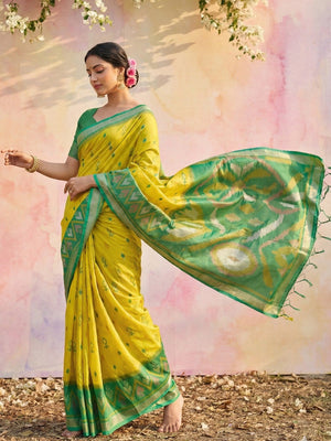 Elegant Lemon Yellow Ikat Woven Silk Blend Saree Featuring A Traditional Motif Pallu With Tassel Accents - Image 2