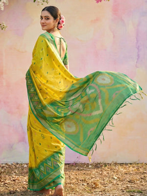 Elegant Lemon Yellow Ikat Woven Silk Blend Saree Featuring A Traditional Motif Pallu With Tassel Accents - Image 2