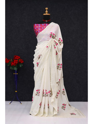 Offwhite Vichitra Silk Saree with Artistic Floral Embroidery and Rich Silk Texture - Image 2