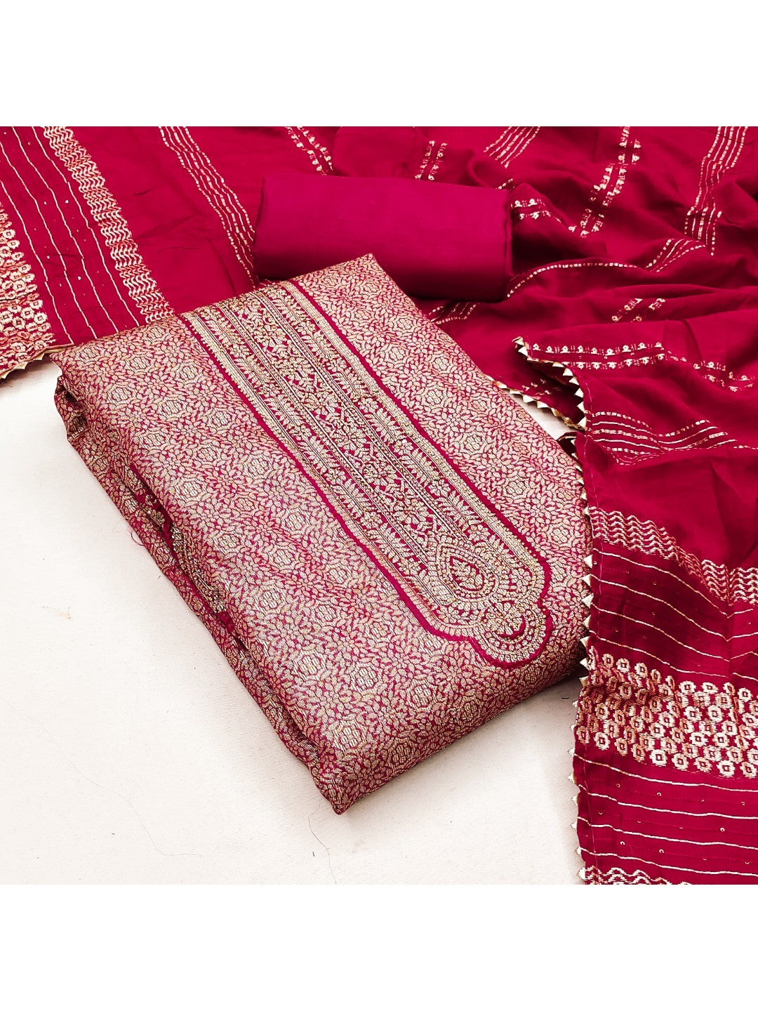 Luxurious Rani Pink Floral Woven Art Silk Dress Material Adorned With Swarovski Work - Image 2