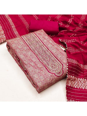 Luxurious Rani Pink Floral Woven Art Silk Dress Material Adorned With Swarovski Work - Image 2
