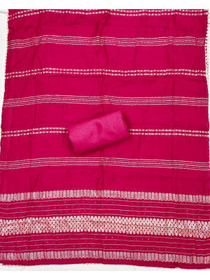 Luxurious Rani Pink Floral Woven Art Silk Dress Material Adorned With Swarovski Work - Image 2
