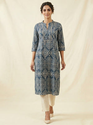 Blue Pure Cotton Kurti Featuring Modern Geometric Print and Breathable Fabric - Image 1