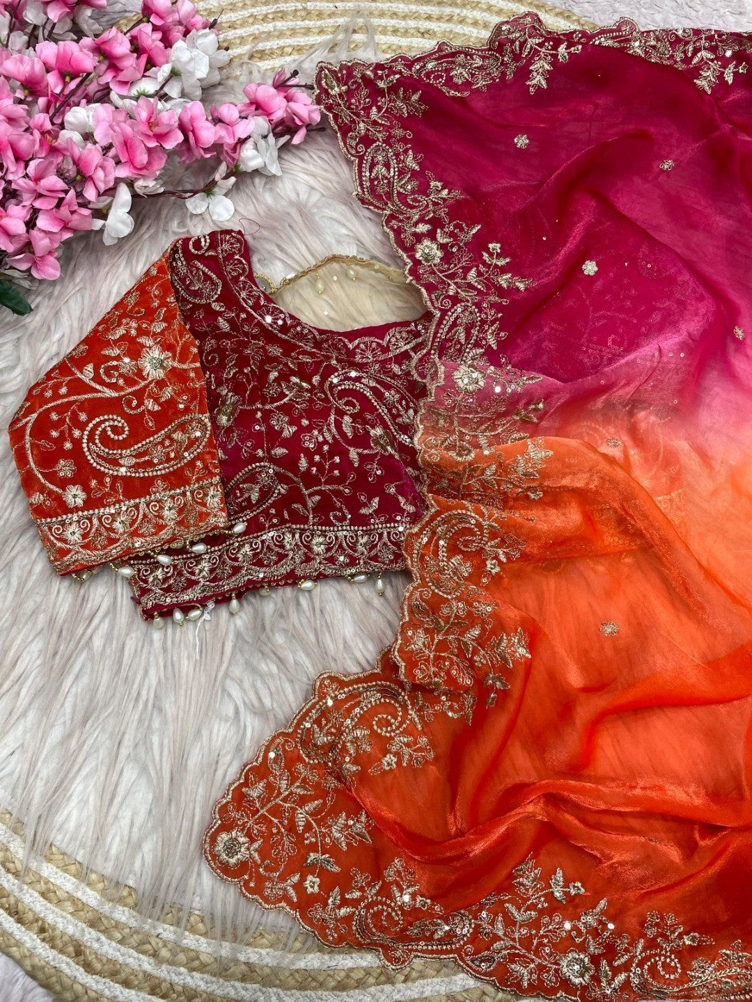 Elegant Orange Organza Satin Silk Embroidered Saree for Festive Occasions - Image 3