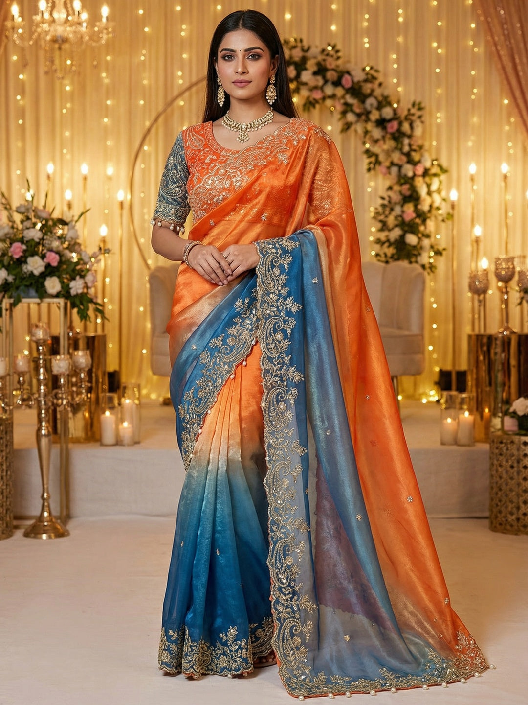 Elegant Orange & Blue Organza Satin Silk Embroidered Saree for Festive Occasions - Image 1