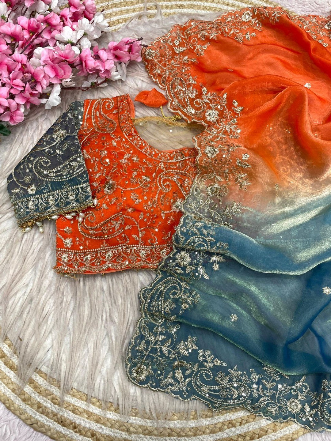 Elegant Orange & Blue Organza Satin Silk Embroidered Saree for Festive Occasions - Image 2