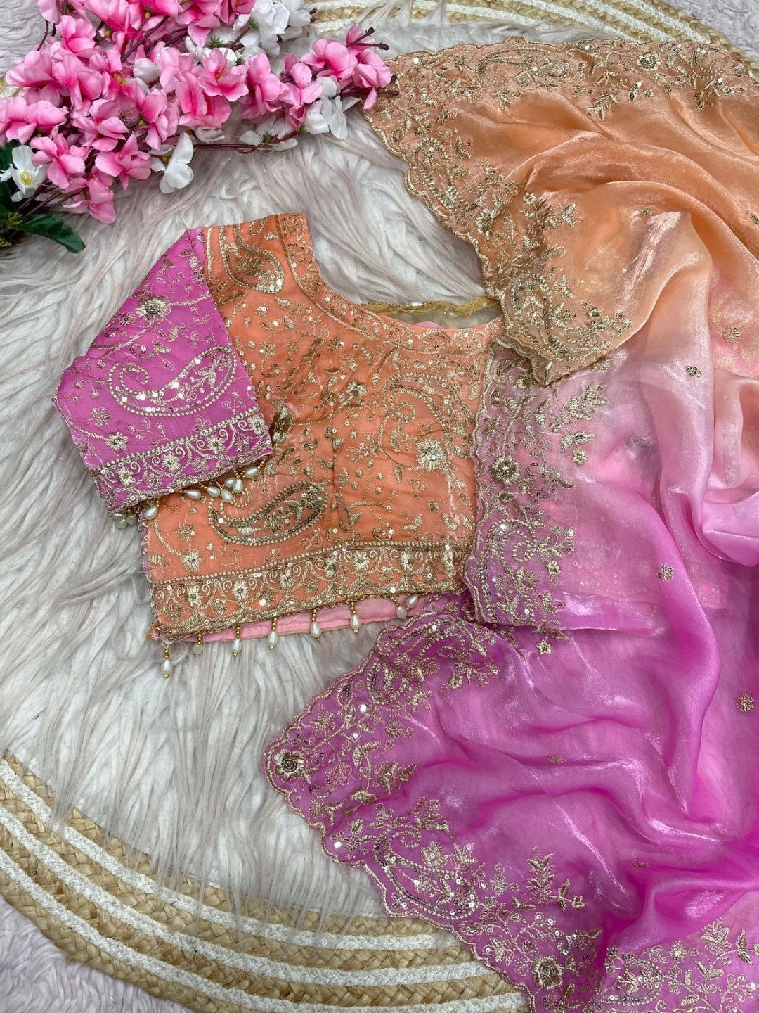 Elegant Orange & Purple Organza Satin Silk Embroidered Saree for Festive Occasions - Image 3