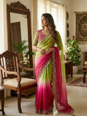 Elegant Green & Pink Organza Satin Silk Embroidered Saree for Festive Occasions - Image 1