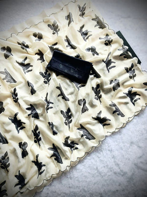 Chic Cream Floral Printed Tussar Silk Saree Featuring A Lightweight Luxe Drape - Image 2