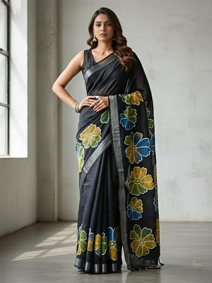 Elegant Black Linen Saree with Floral Batik Print and Silver Border - Image 1